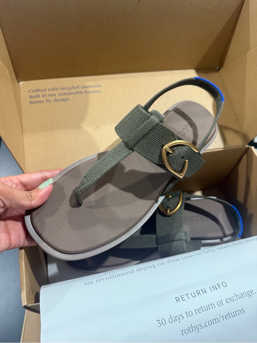 Women's Olive Green Strap Sandal with Gold Buckle size 8 Rothy’s New in Box! - Picture 2 of 7